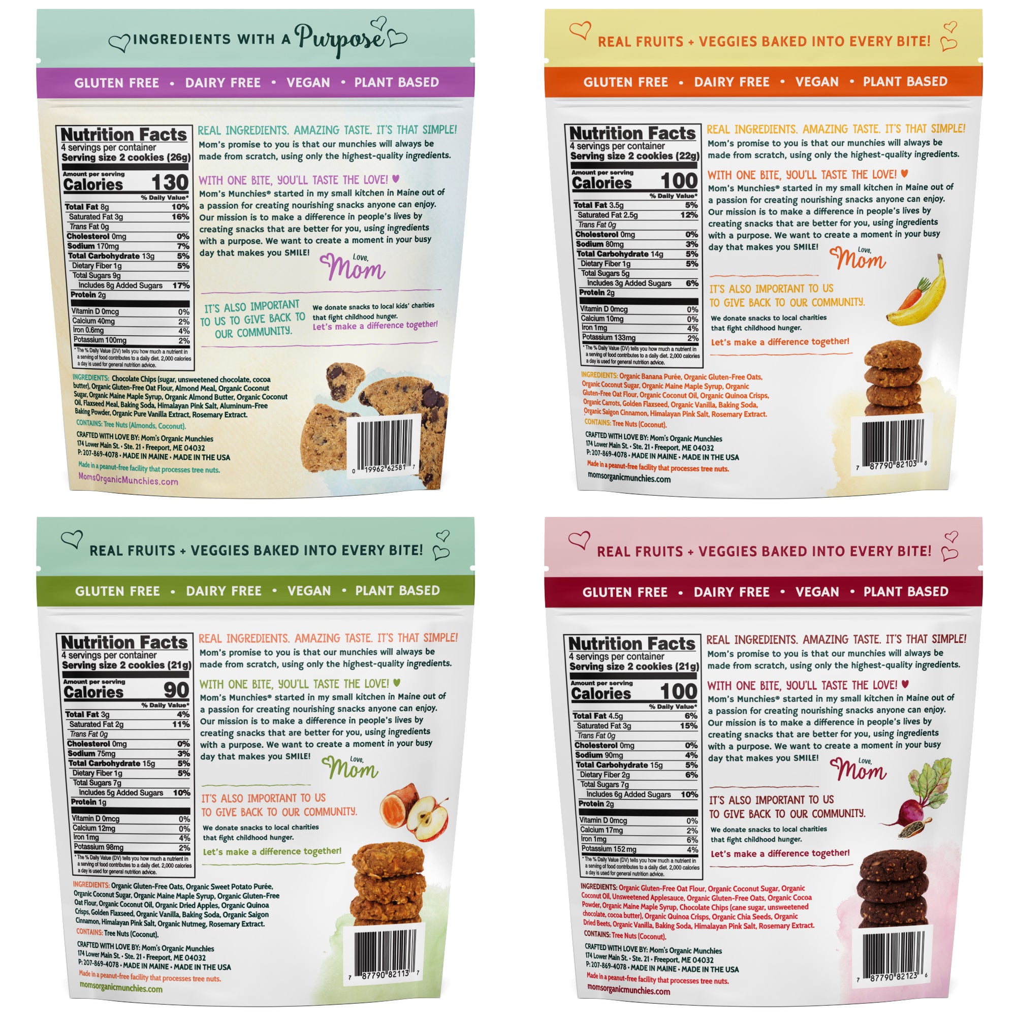 Gluten-Free, Dairy-Free, Plant Based, Low In Natural Sugar, Non-GMO Project Verified. Includes Sweet Potato Apple, Chocolate Chip Almond Butter, Banana Carrot and Chocolate Chia Beet. Healthy and Delicious Snacks. All Ingredients are ORGANIC or ALL NATURAL
