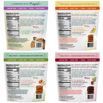 Gluten-Free, Dairy-Free, Plant Based, Low In Natural Sugar, Non-GMO Project Verified. Includes Sweet Potato Apple, Chocolate Chip Almond Butter, Banana Carrot and Chocolate Chia Beet. Healthy and Delicious Snacks. All Ingredients are ORGANIC or ALL NATURAL