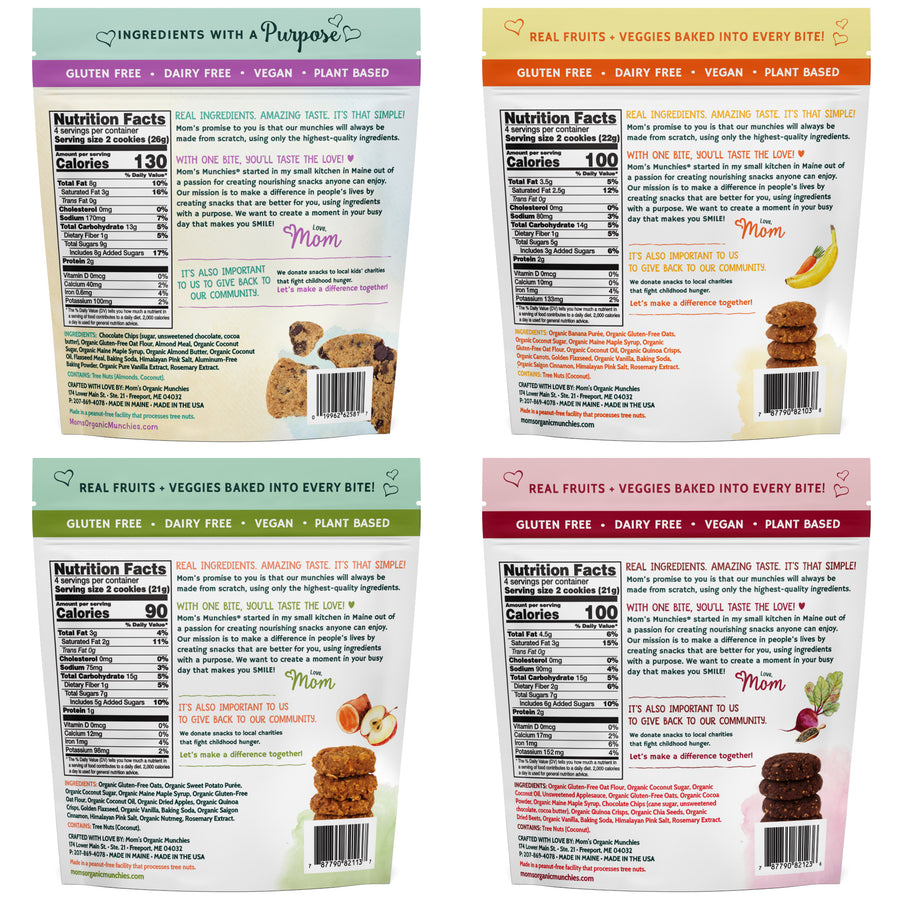 Gluten-Free, Dairy-Free, Plant Based, Low In Natural Sugar, Non-GMO Project Verified. Includes Sweet Potato Apple, Chocolate Chip Almond Butter, Banana Carrot and Chocolate Chia Beet. Healthy and Delicious Snacks. All Ingredients are ORGANIC or ALL NATURAL