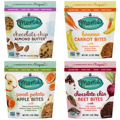 Gluten-Free, Dairy-Free, Plant Based, Low In Natural Sugar, Non-GMO Project Verified. Includes Sweet Potato Apple, Chocolate Chip Almond Butter, Banana Carrot and Chocolate Chia Beet. Healthy and Delicious Snacks. All Ingredients are ORGANIC or ALL NATURAL